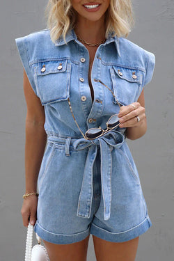 District Utility Denim Button Up Pocket Belted Romper