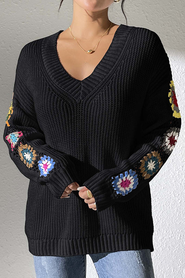 Fashion Hook Flower Long Sleeve V-Neck Loose Knitted Sweater