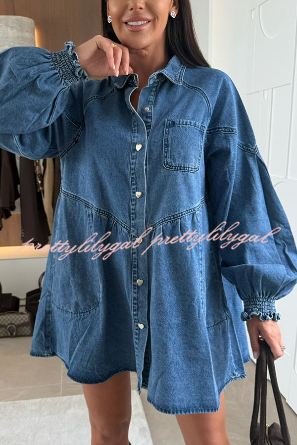 Fashion Heart Button Long Sleeve Casual Pocket Denim Mini Dress