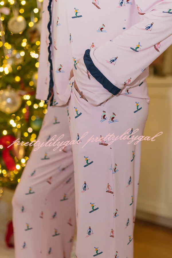 Postcards To Santa Unique Print Ruffles Trim Pocket Shirt and Elastic Waist Pajama Set