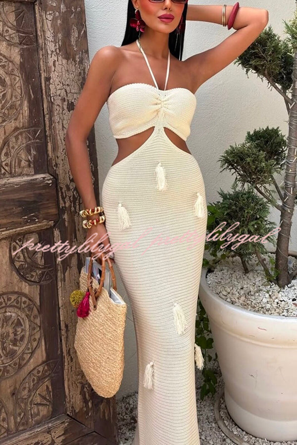 Fashion Halterneck Waist-baring Tassel-embellished Knitted Maxi Dress
