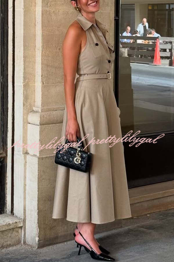 Charmed To Meet You Button Up Belted Pocket Halter Shirt Flare Midi Dress