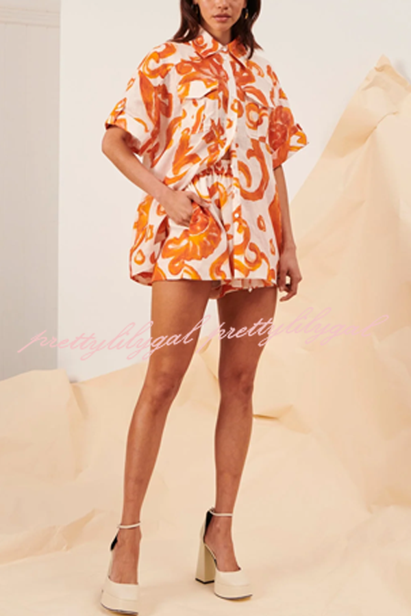 Dreamscape Linen Blend Abstract Conch Printed Button Shirt and Elastic Waist Pocketed Shorts Set