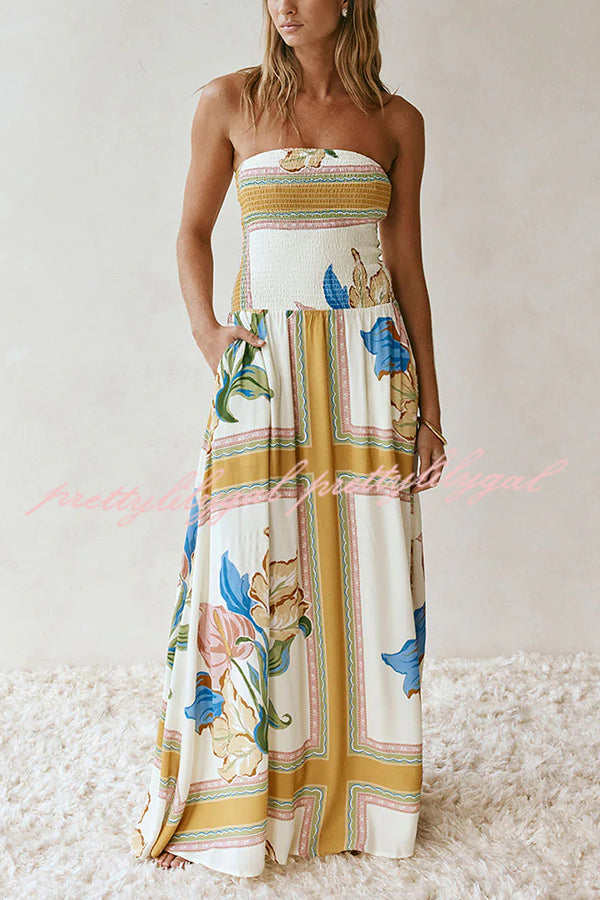 Linen Blend Unique Print Off-The-Shoulder Pleated Resort Maxi Dress