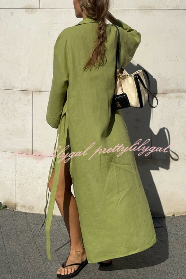 Linen Blend Solid Color Casual Lapel Tie Loose Maxi Dress