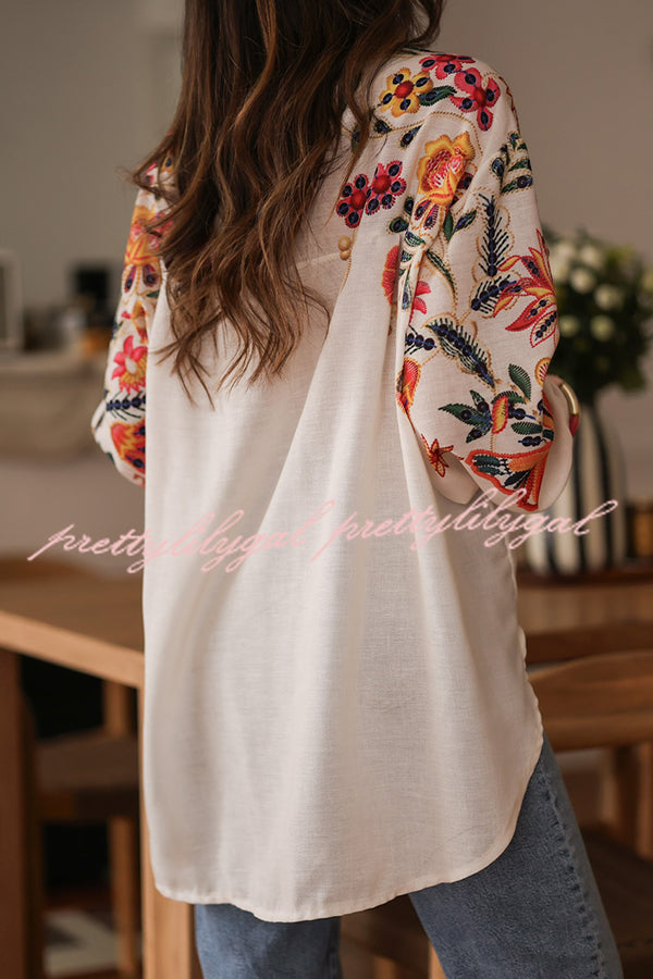 Botanical Print Loose Lapel Long Sleeve Casual Shirt