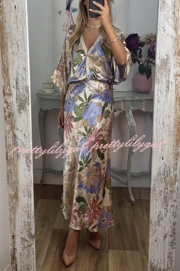 Satin Floral Print V-neck Half-sleeve Loose Top and Elegant Maxi Skirt Set