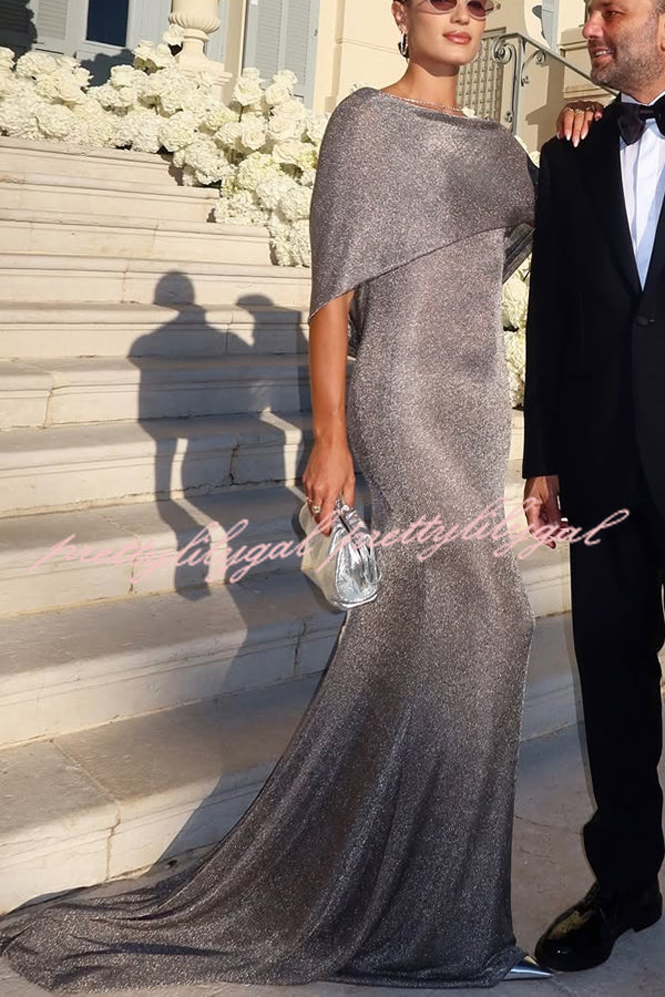 Fit and Elegance Fine Shimmering Fabric Open Cowl Back Draped Neckline Maxi Dress