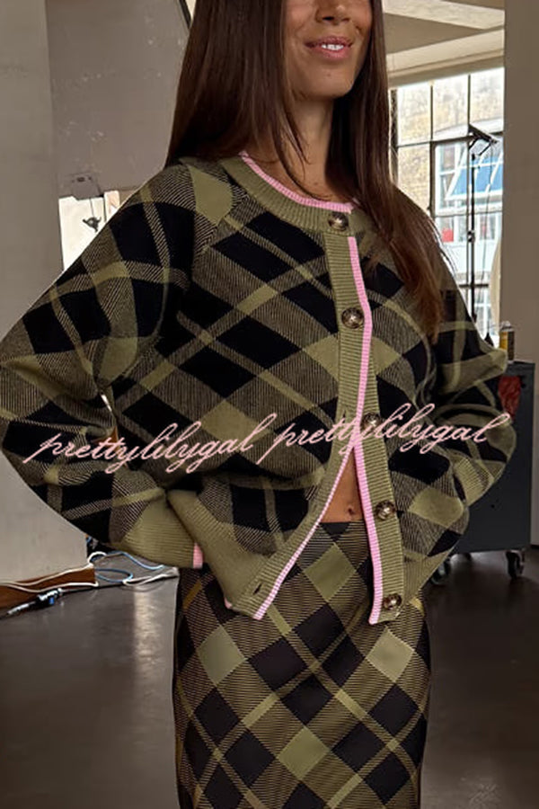 Holiday Plaid Knit Color-blocked Trim Button Long-sleeved Loose Cardigan