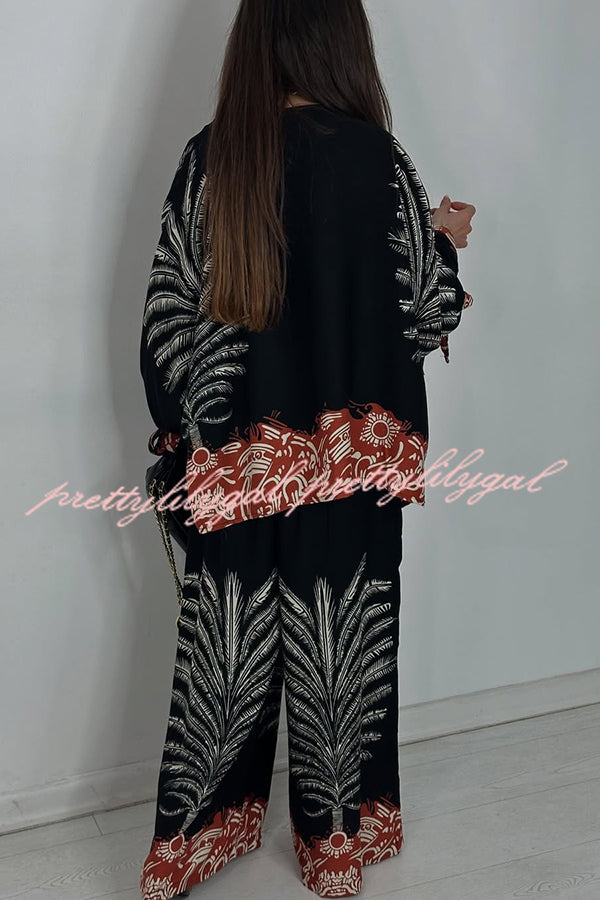 Unique Print Loose Drawstring Long Sleeve Top and Elastic Waist Casual Pocket Wide Leg Pants Set