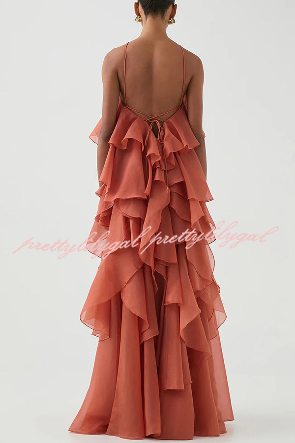 Free - Flowing Rose Detail Tiered Ruffles Halter A-line Maxi Dress