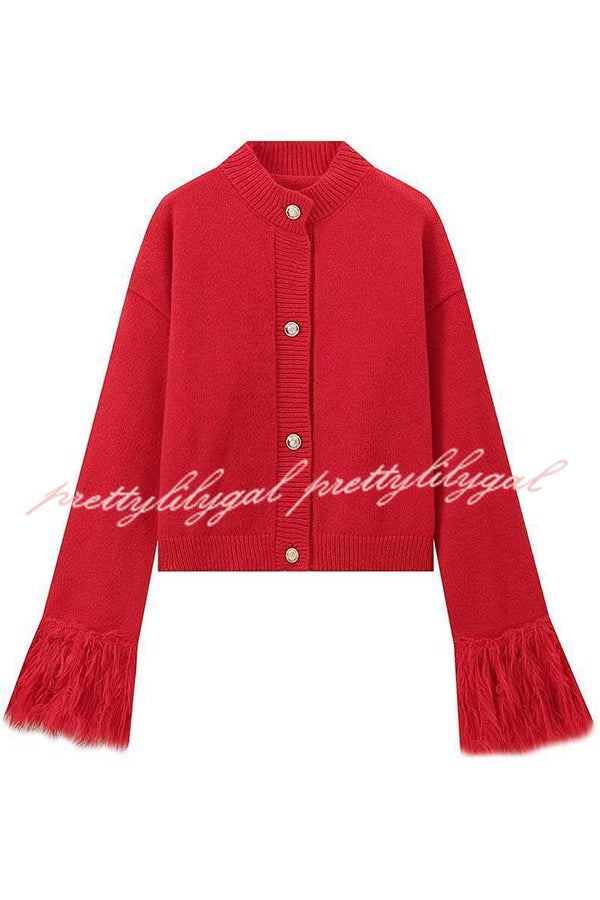 Solid Color Elegant Feather Long Sleeve Casual Knitted Cardigan