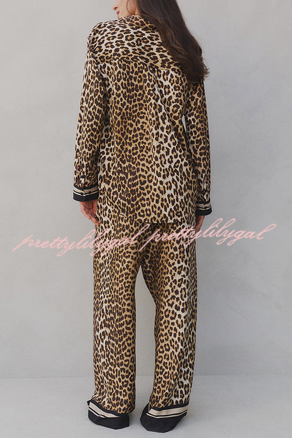 Unique Print Lapel Long Sleeve Loose Shirt and Elastic Waist Casual Pocket Wide Leg Pants Set