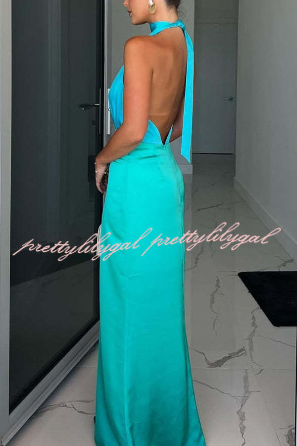 Like A Gem Satin Colorblock Halter Backless Party Maxi Dress