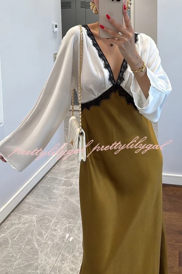 Lainei Contrast Color Satin Lace Trim V-neck Long Sleeve Maxi Dress