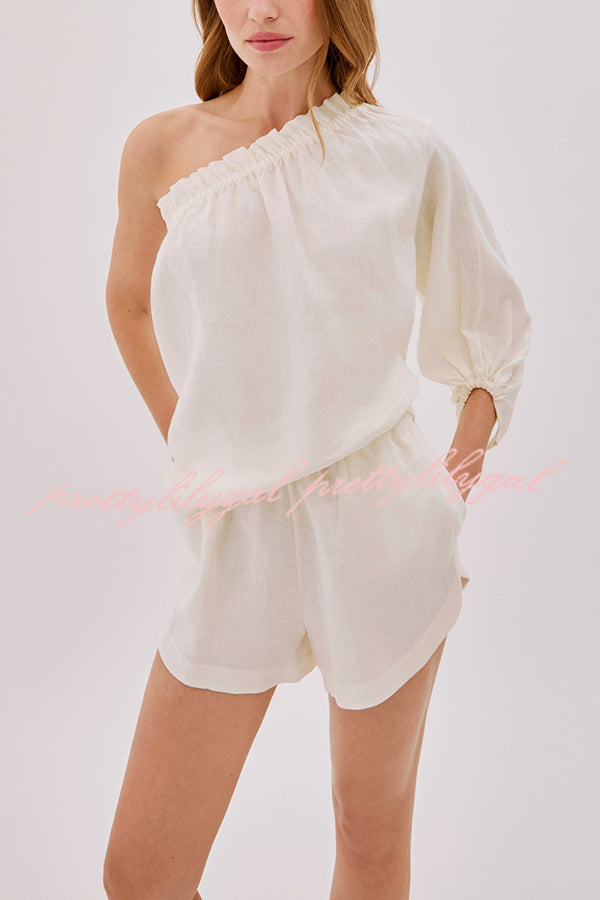 Chasing Comfort Linen Blend One Shoulder Top and Elastic Waist Pocket Shorts Set