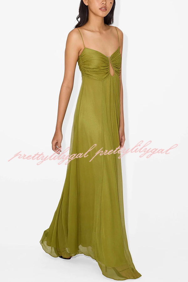 Soft and Elegant Metal Hollow Design Back Smocked A-line Slip Maxi Dress