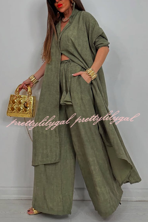 Solid Color Casual Loose Long Shirt and Elastic Waist Pocket Wide Leg Pants Set