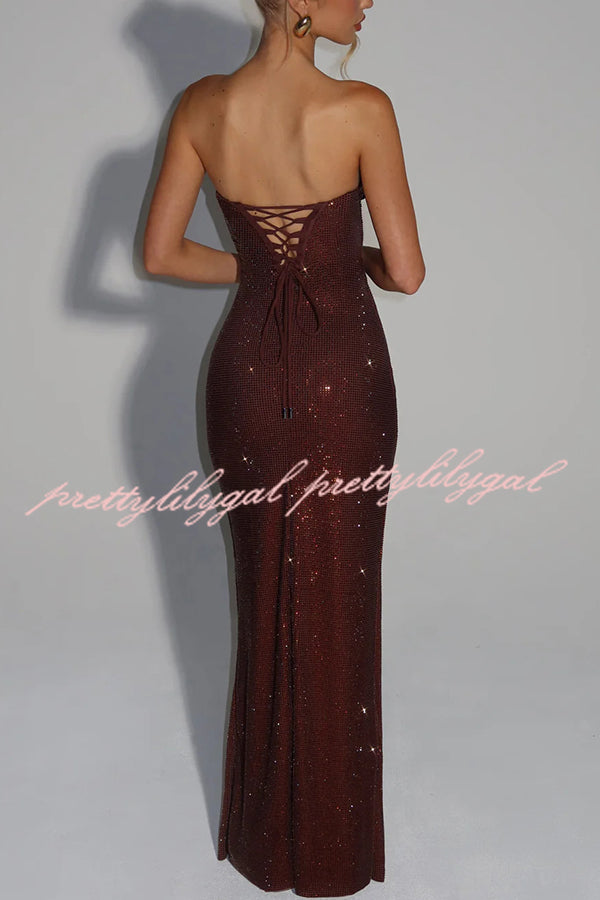 Mirabella Sequin Pleated Cowl Scooped Neckline Back Lace-up Strapless Maxi Dress