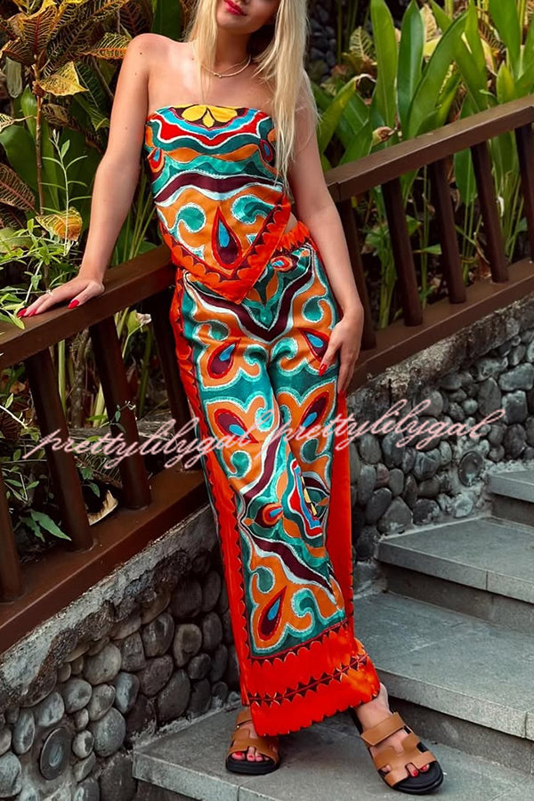 Ethnic Style Unique Print Tube Top and Elastic Waist Casual Pocket Wide Leg Pants Set