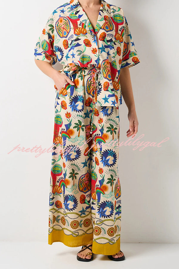 Linen Blend Unique Print Loose Short Sleeve Shirt and Elastic Waist Tie Pocket Pants Set