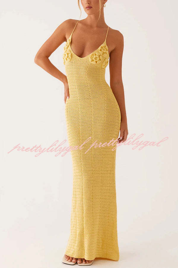 Olivia Crochet Knit Rose Texture Backless Stretch Maxi Dress