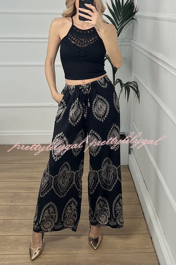 Unique Print Elastic Waist Casual Pocket Wide Leg Pants