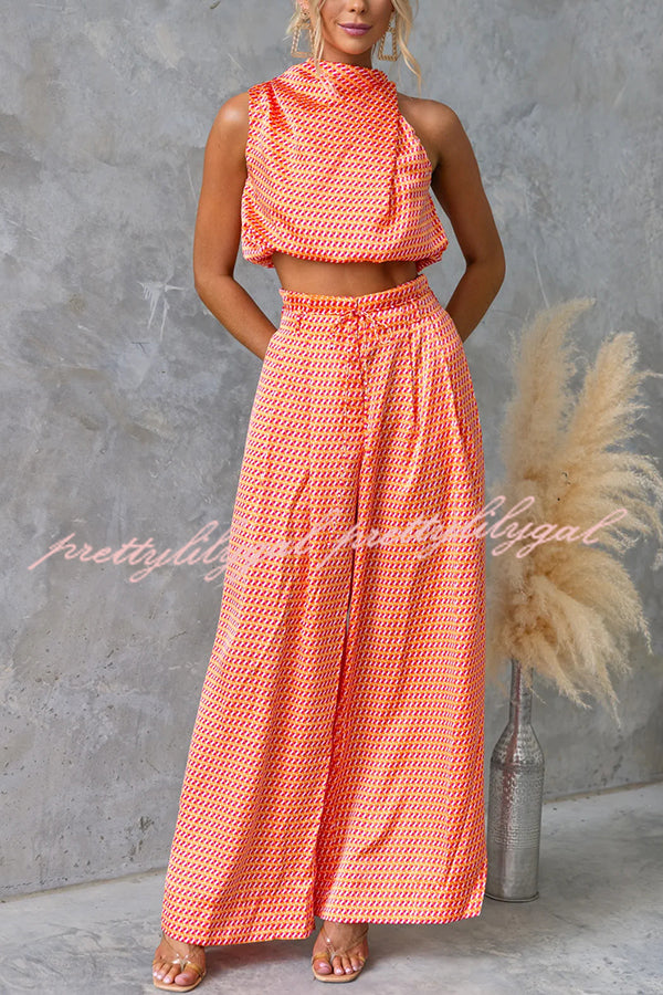 Girls Night Satin Printed High Neck Top and Elastic Tie-up Waist Pocket Wide Leg Pants Set
