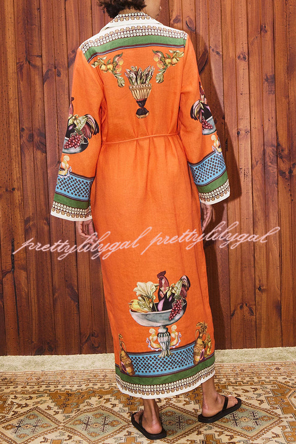 Linen Blend Unique Print Tie-waist Casual Maxi Dress