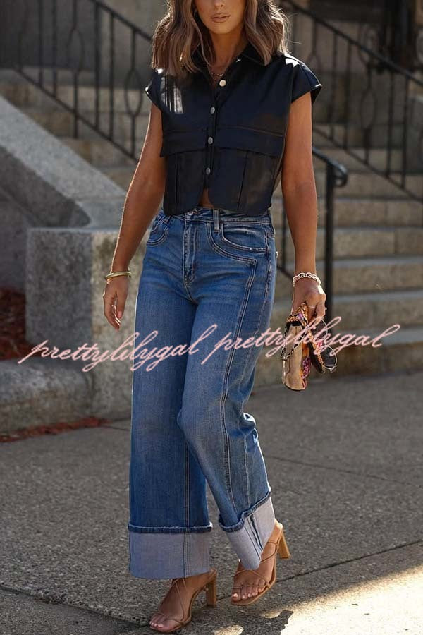 Stylish Weekend Faux Leather Button Up Cape Sleeve Pocket Crop Top