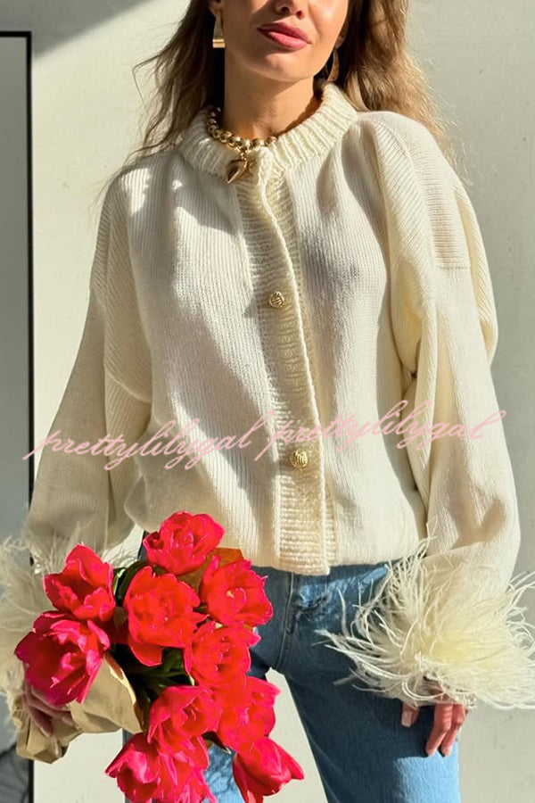 Solid Color Elegant Feather Long Sleeve Casual Knitted Cardigan
