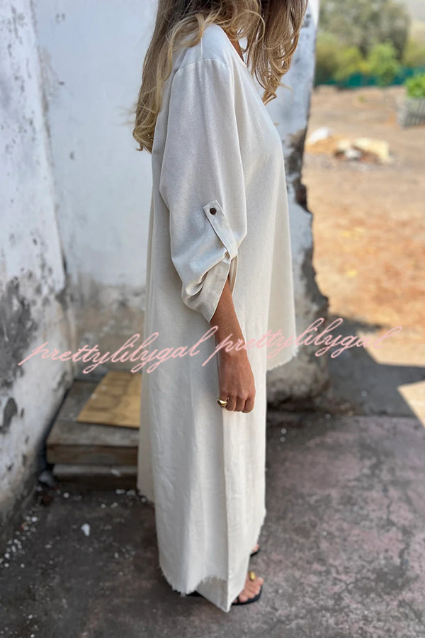 Jamilah Linen Blend Ring Detail Midi Blouse  and Elastic Waist Pocketed Loose Pants Set