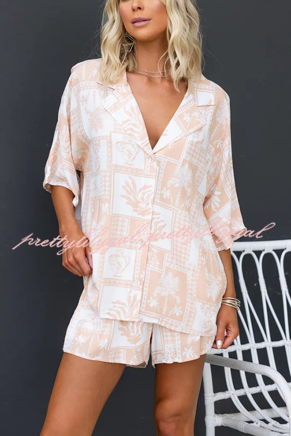 Viva La Travel Unique Print Loose Button Shirt and Elastic Waist Shorts Set