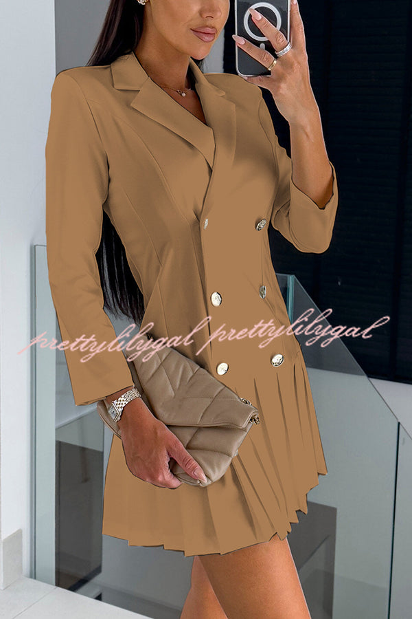 Kayleen Metal Button Down Solid Color Long Sleeve Pleated Blazer Mini Dress