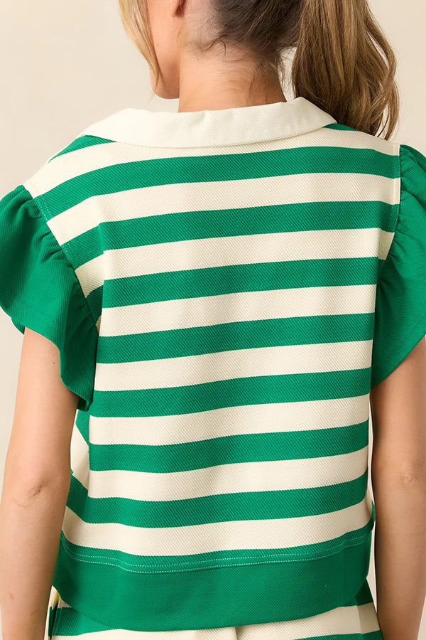 Striped Print Ruffle Sleeve Loose Top and Elastic Waist Tie Casual Pocket Shorts Set