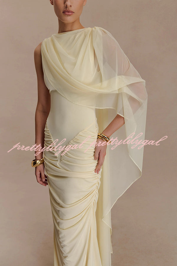 Fashionable Mesh Shawl Sleeveless Slim Fit Pleated Maxi Dress