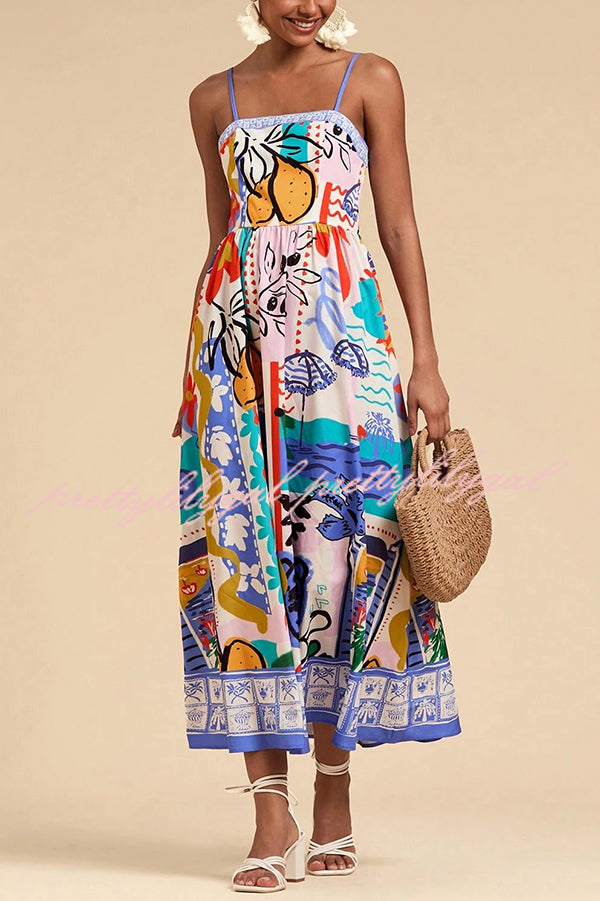 Unique Printed Sling Back Pleated Holiday Midi Dress
