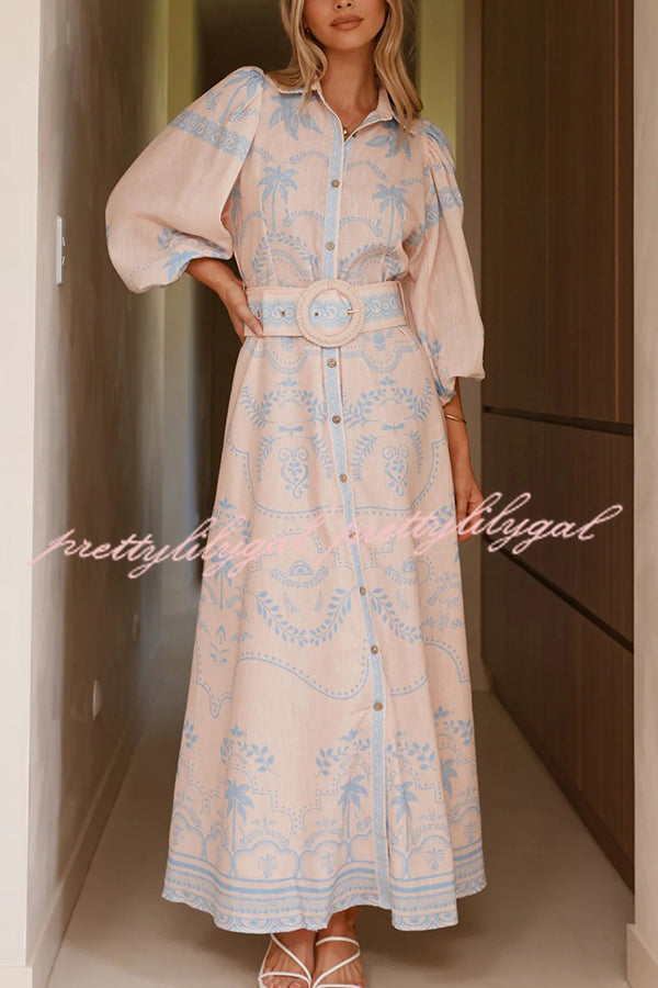 Linen Blend Lapel Puff Sleeve Casual Waist Belted Maxi Dress