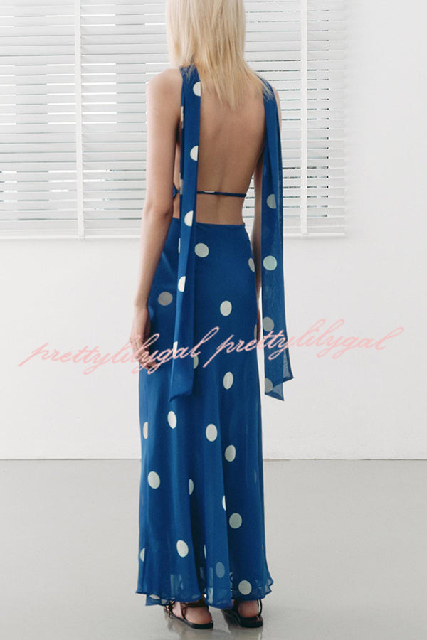 Fashion Polka Dot Print Sexy Halter Neck Backless Maxi Dress