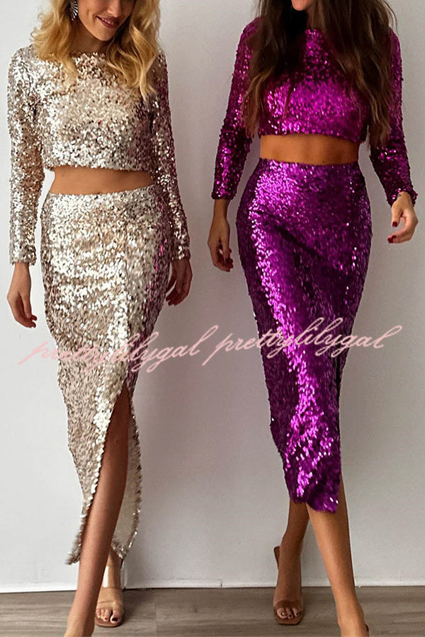 Solid Sequined Long-sleeved Crop Top and Sexy Slit Midi Skirt Set