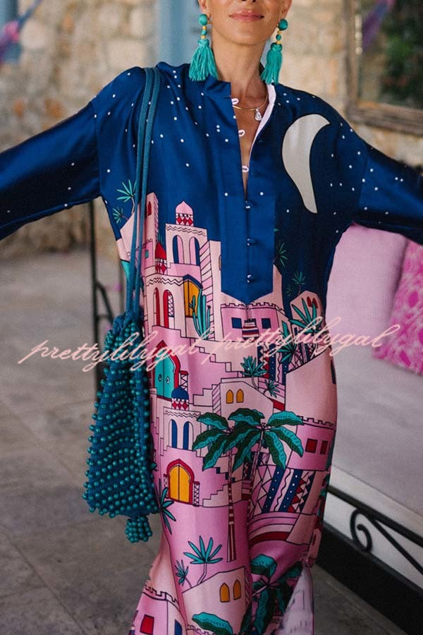 Seaside Stroll Satin Unique Print Button Up Long Sleeve Slit Kaftan Midi Dress