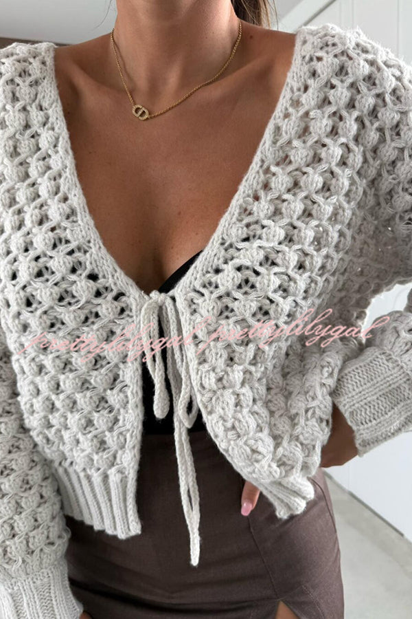 Marin Knit Hollow Texture Tie-up Neck Balloon Sleeve Relaxed Cardigan