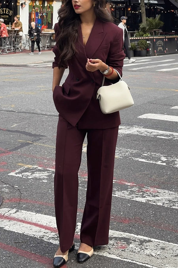 The Perfect Style Button Up Lapel Blazer and Pocketed Wide Leg Pants Set