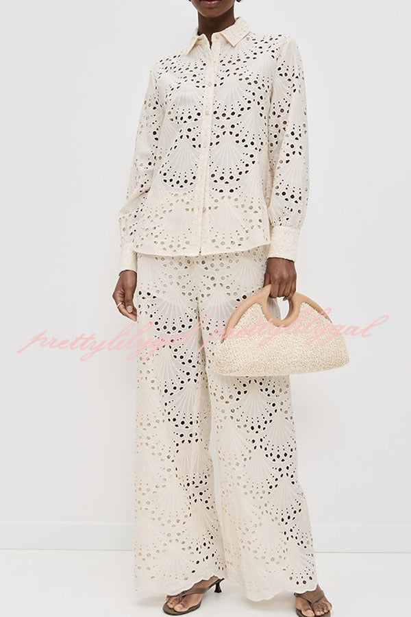 Lillah Embroidered Lace Shell Pattern Elastic Waist Pocket Wide Leg Pants