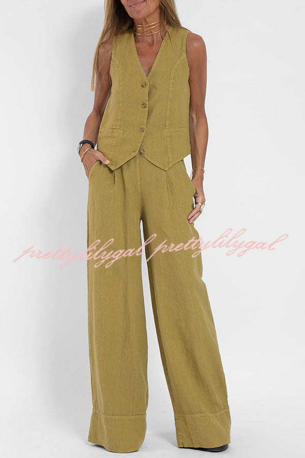 Eddie Linen Blend Button Vest and Elastic Waist Pocketed Wide Leg Pants Set