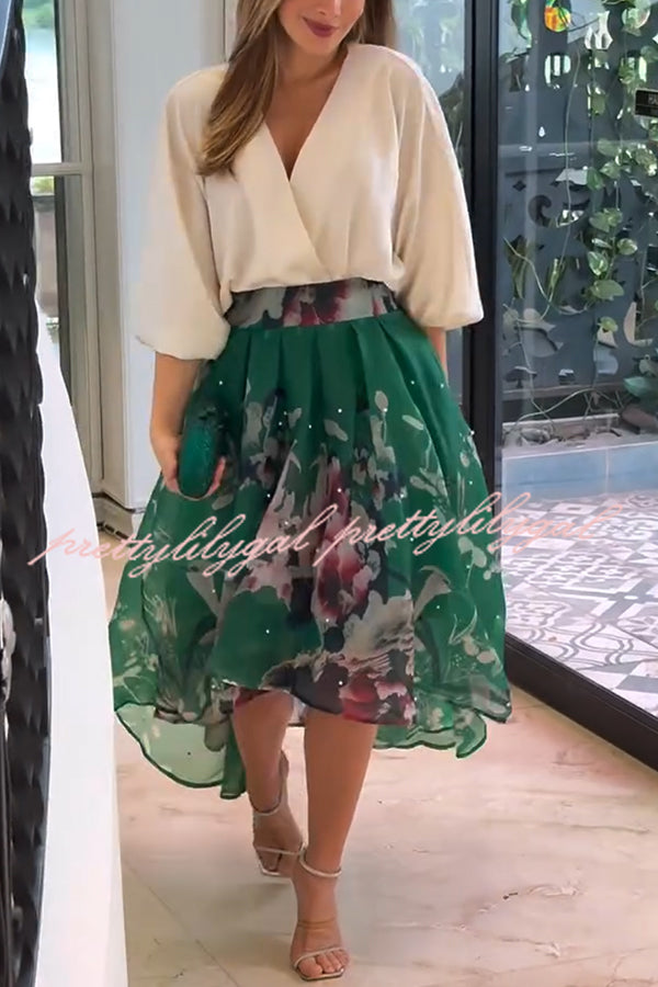 Tessy Batwing Sleeve Top and Floral Elastic Waist Pearls Detail High Low Midi Skirt Set