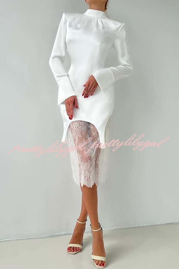 Melissa Satin High Neck Long Sleeve Curved Hem Top and Lace Midi Skirt Set