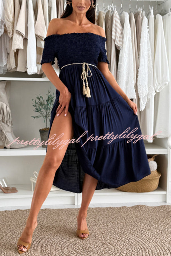 Solid Color Off-the-shoulder Pleated Waist Midi Dress