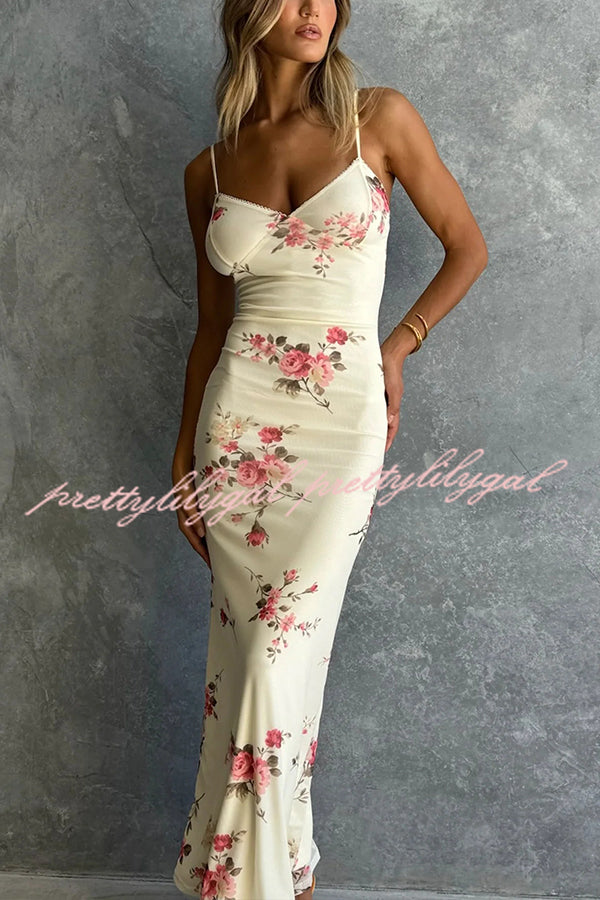 Reveling in The Unknown Floral Print Slip Stretch Maxi Dress