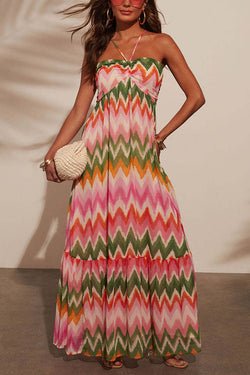 Colorful Zigzag Pattern Halter Backless Pleated Holiday Maxi Dress